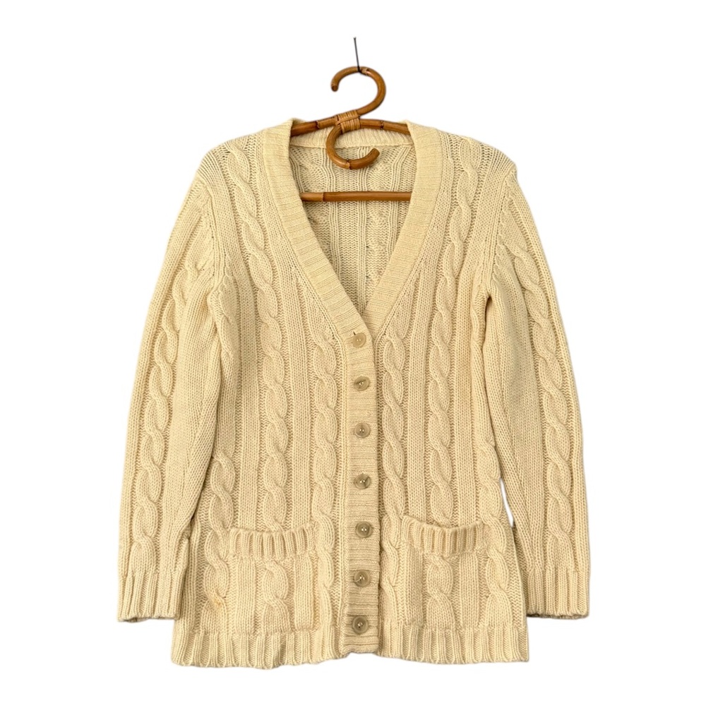 Vintage‎ | Cream 100% Wool Fishermans Cable Knit Cardigan Sweater